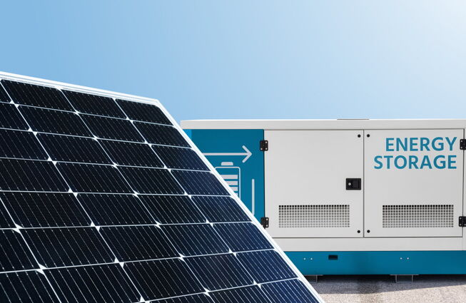 Sonnenkollektor mit Batteriespeicherbehälter im Hintergrund