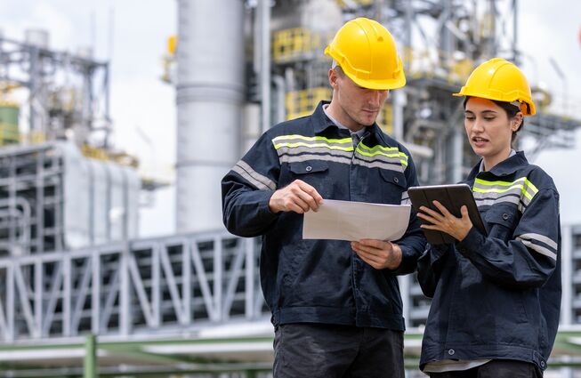 Zwei Personen mit gelben Schutzhelmen und dunkler Arbeitskleidung stehen vor einer Industrieanlage und betrachten gemeinsam ein Tablet und ein Blatt Papier.