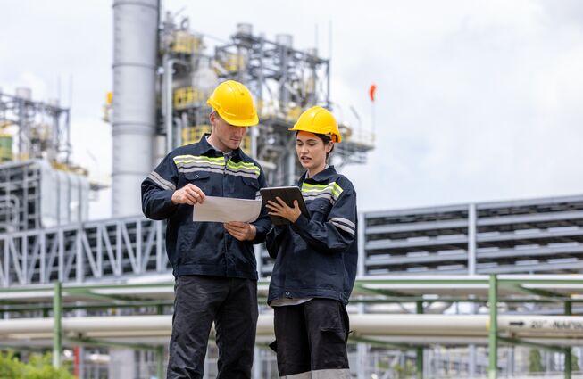 Zwei Personen mit gelben Schutzhelmen und dunkler Arbeitskleidung stehen vor einer Industrieanlage und betrachten gemeinsam ein Tablet und ein Blatt Papier.