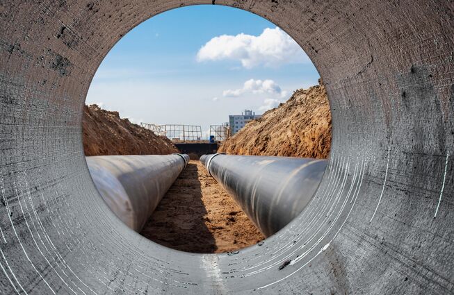 Blick durch ein großes Rohr auf zwei parallel verlegte Rohre in einer Baugrube mit Erdhügeln und Gebäuden im Hintergrund