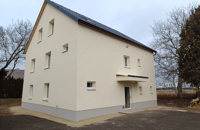 Einfamilienhaus mit Pultdach, mehreren kleinen Fenstern und einer Glastür, umgeben von kahlen Bäumen und unbefestigtem Boden