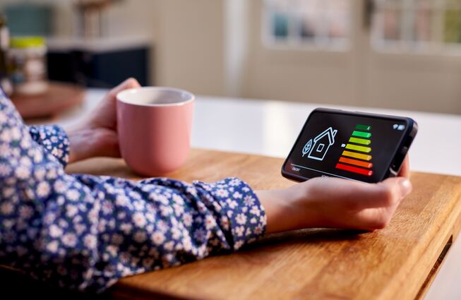 Person hält Smartphone mit Energieeffizienzanzeige und rosa Tasse auf Holztisch